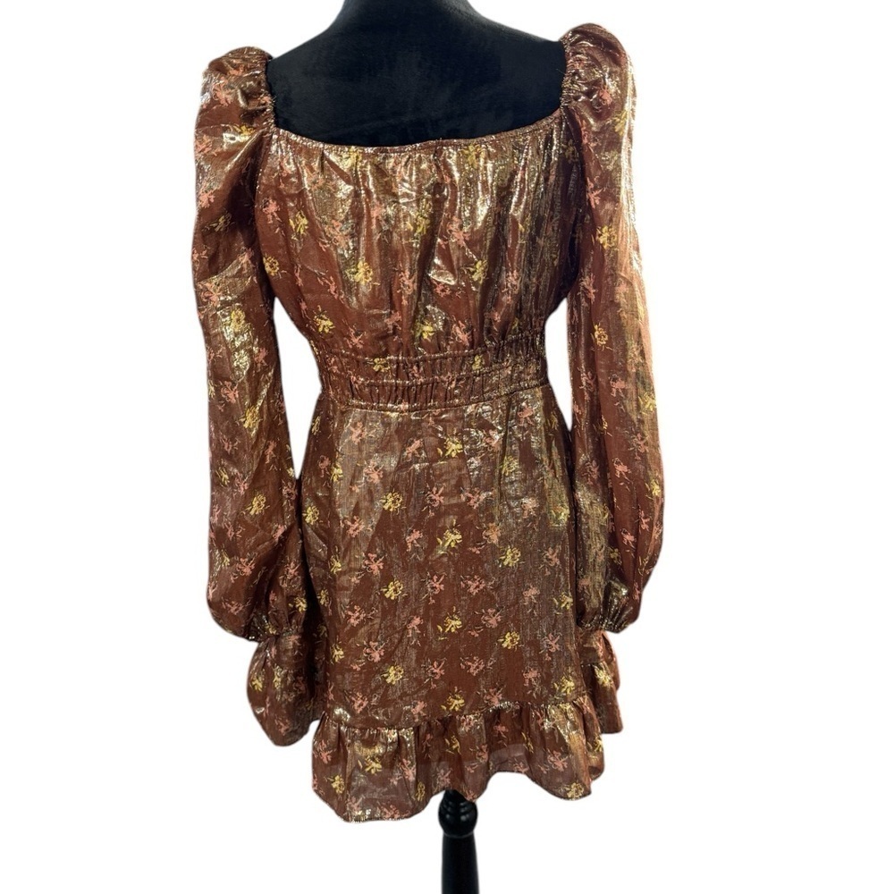 PAIGE Metallic Silk Blend Puff Sleeve Mini Dress Gold Bronze Ruffle Hem - Picture 4 of 10